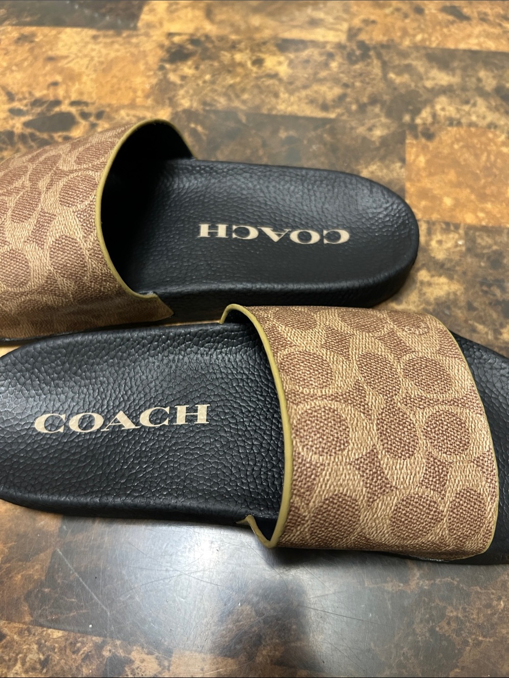 Coach Brown Signature Canvas Slide Sandals with Black Footbed
